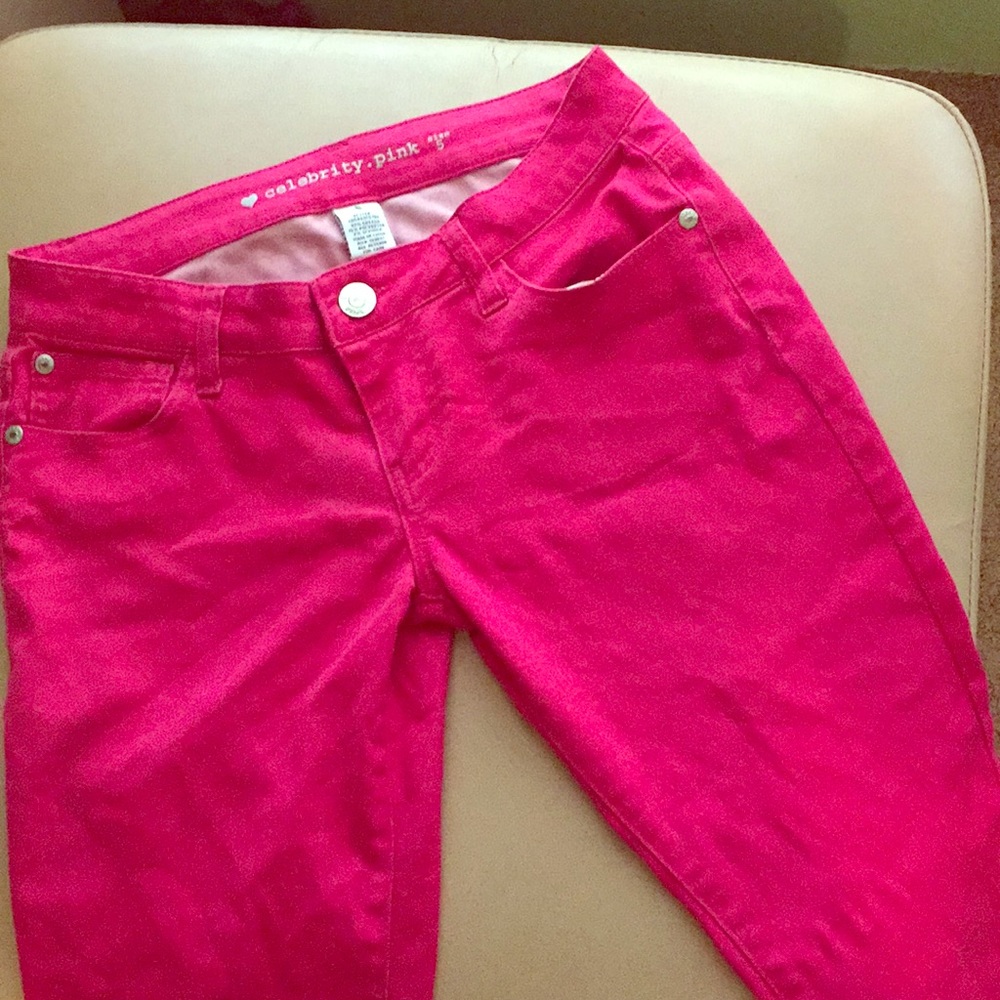 Celebrity pink, hot pink jeans.